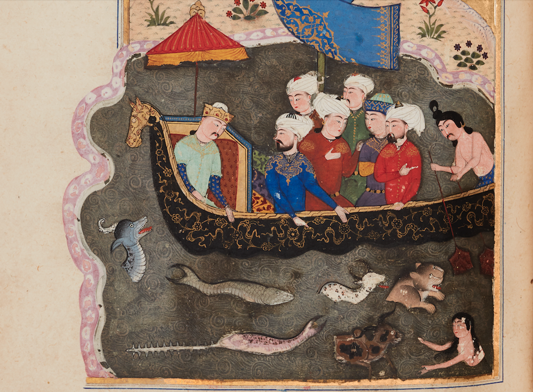 Scan of an image from a folio showing eight voyageurs on a boat, observing various creature in the water below